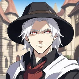 An anime-style depiction of a medieval young man with white hair, red eyes, and black clothes