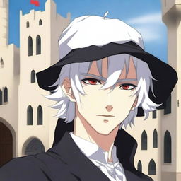 An anime-style depiction of a medieval young man with white hair, red eyes, and black clothes