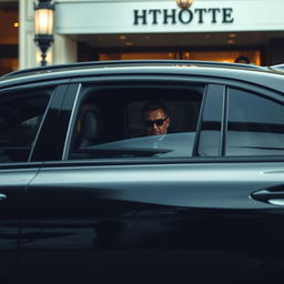 A dark car with tinted windows and a driver wearing sunglasses waits at the entrance of a hotel