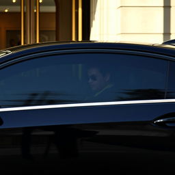 A dark car with tinted windows and a driver wearing sunglasses waits at the entrance of a hotel