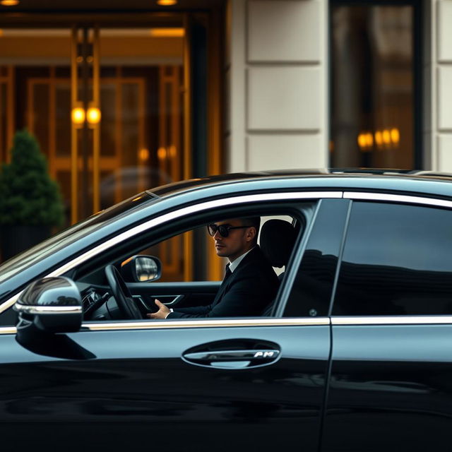 A dark car with tinted windows and a driver wearing sunglasses waits at the entrance of a hotel