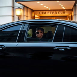 A dark car with tinted windows and a driver wearing sunglasses waits at the entrance of a hotel