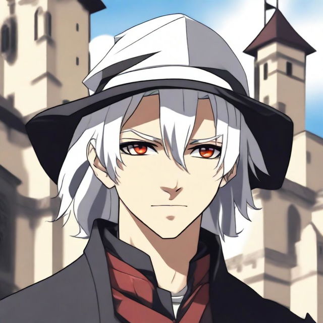 An anime-style depiction of a medieval young man with white hair, red eyes, and black clothes