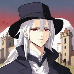 An anime-style depiction of a medieval young man with white hair, red eyes, and black clothes