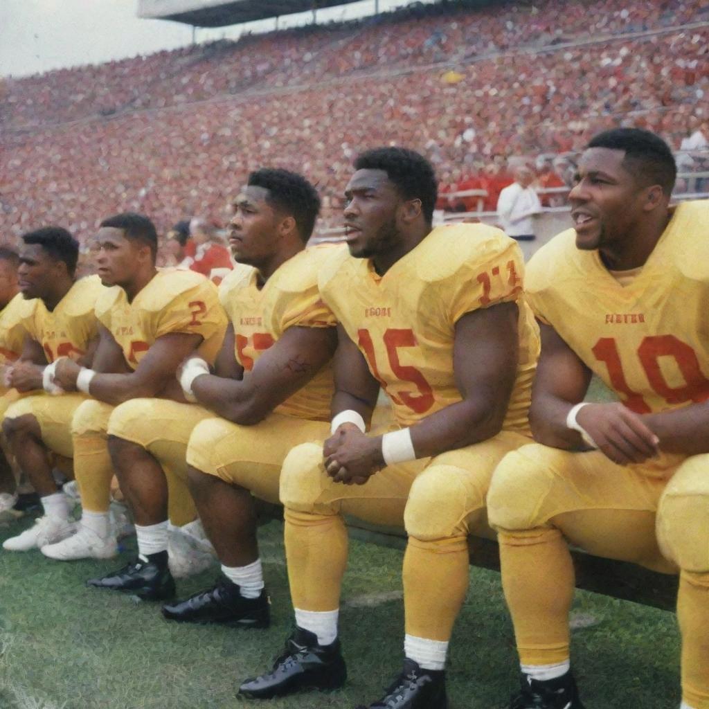 Same scene as before but imagine it as a vibrant colored pencil sketch: a group of football players sitting on a sideline bench in their kits, with a cheering crowd in a stadium in the background.