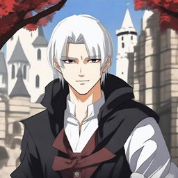 An anime-style depiction of a medieval young man with white hair, red eyes, and black clothes