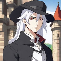 An anime-style depiction of a medieval young man with white hair, red eyes, and black clothes