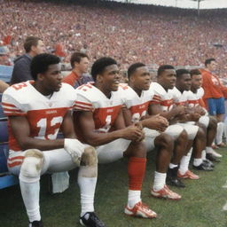 Same scene as before but imagine it as a vibrant colored pencil sketch: a group of football players sitting on a sideline bench in their kits, with a cheering crowd in a stadium in the background.