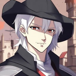 An anime-style depiction of a medieval young man with white hair, red eyes, and black clothes