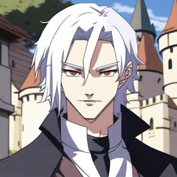 An anime-style depiction of a medieval young man with white hair, red eyes, and black clothes