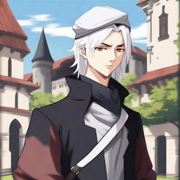 An anime-style depiction of a medieval young man with white hair, red eyes, and black clothes