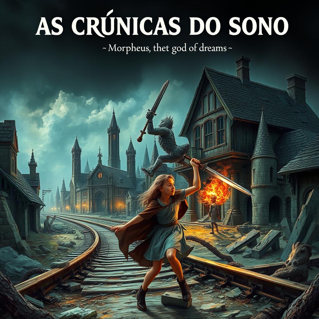 A book cover titled 'AS CRÔNICAS DO SONO' featuring a fantasy scene with an ancient, ruined English railway village