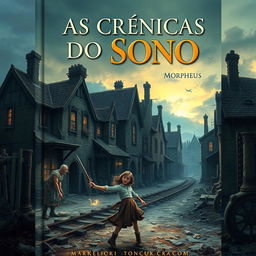 A book cover titled 'AS CRÔNICAS DO SONO' featuring a fantasy scene with an ancient, ruined English railway village