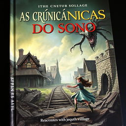 A book cover titled 'AS CRÔNICAS DO SONO' featuring a fantasy scene with an ancient, ruined English railway village