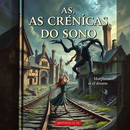 A book cover titled 'AS CRÔNICAS DO SONO' featuring a fantasy scene with an ancient, ruined English railway village