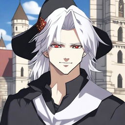 An anime-style depiction of a medieval young man with white hair, red eyes, and black clothes