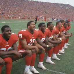 Same scene as before but imagine it as a vibrant colored pencil sketch: a group of football players sitting on a sideline bench in their kits, with a cheering crowd in a stadium in the background.