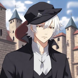 An anime-style depiction of a medieval young man with white hair, red eyes, and black clothes