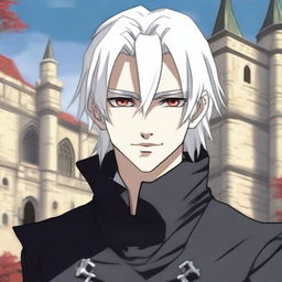 An anime-style depiction of a medieval young man with white hair, red eyes, and black clothes