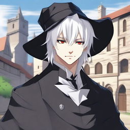 An anime-style depiction of a medieval young man with white hair, red eyes, and black clothes