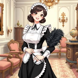 A detailed illustration of a French maid in a classic black and white uniform, holding a feather duster, standing in an elegantly decorated room