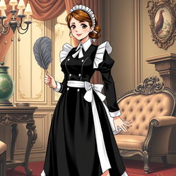 A detailed illustration of a French maid in a classic black and white uniform, holding a feather duster, standing in an elegantly decorated room