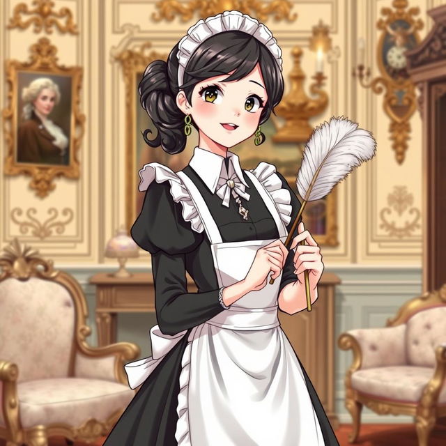 A detailed illustration of a French maid in a classic black and white uniform, holding a feather duster, standing in an elegantly decorated room