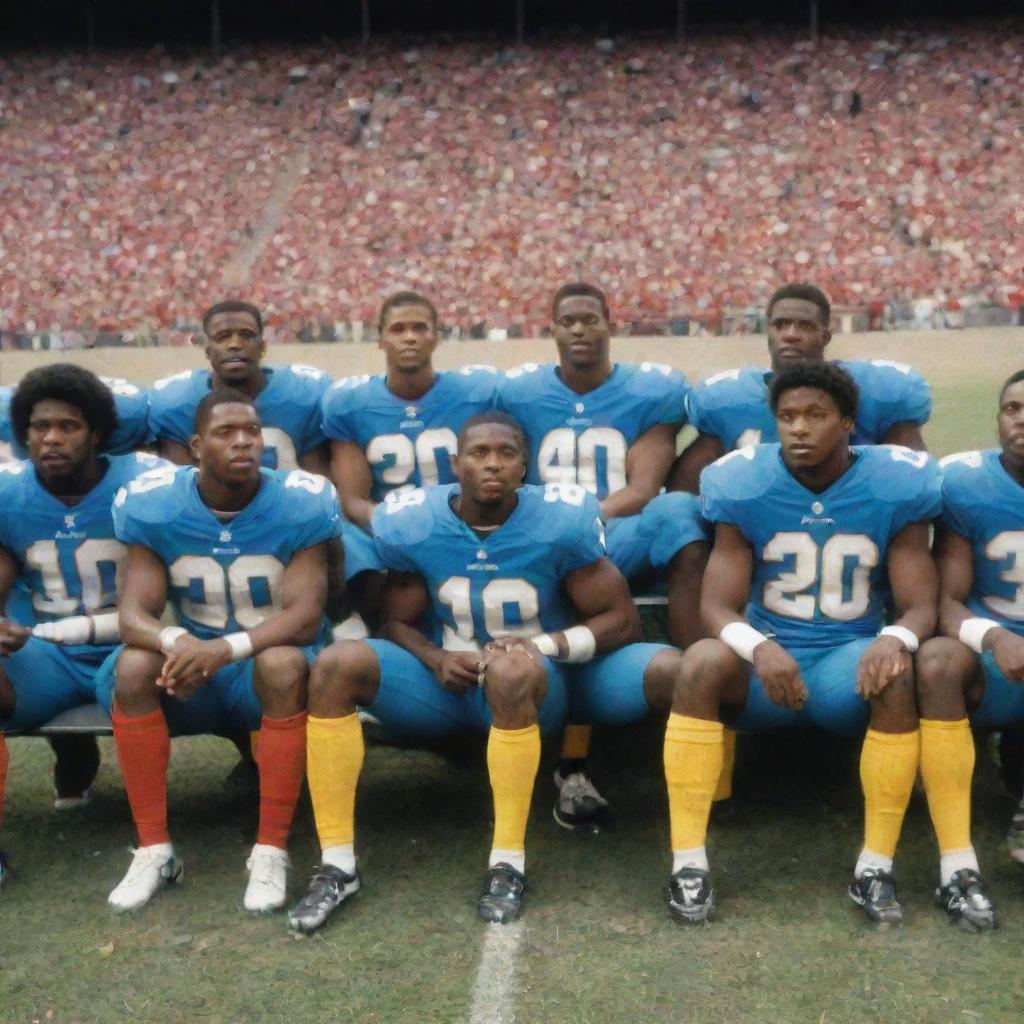 Same scene as before but imagine it as a vibrant colored pencil sketch: a group of football players sitting on a sideline bench in their kits, with a cheering crowd in a stadium in the background.