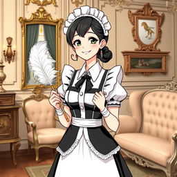 A detailed illustration of a French maid in a classic black and white uniform, holding a feather duster, standing in an elegantly decorated room