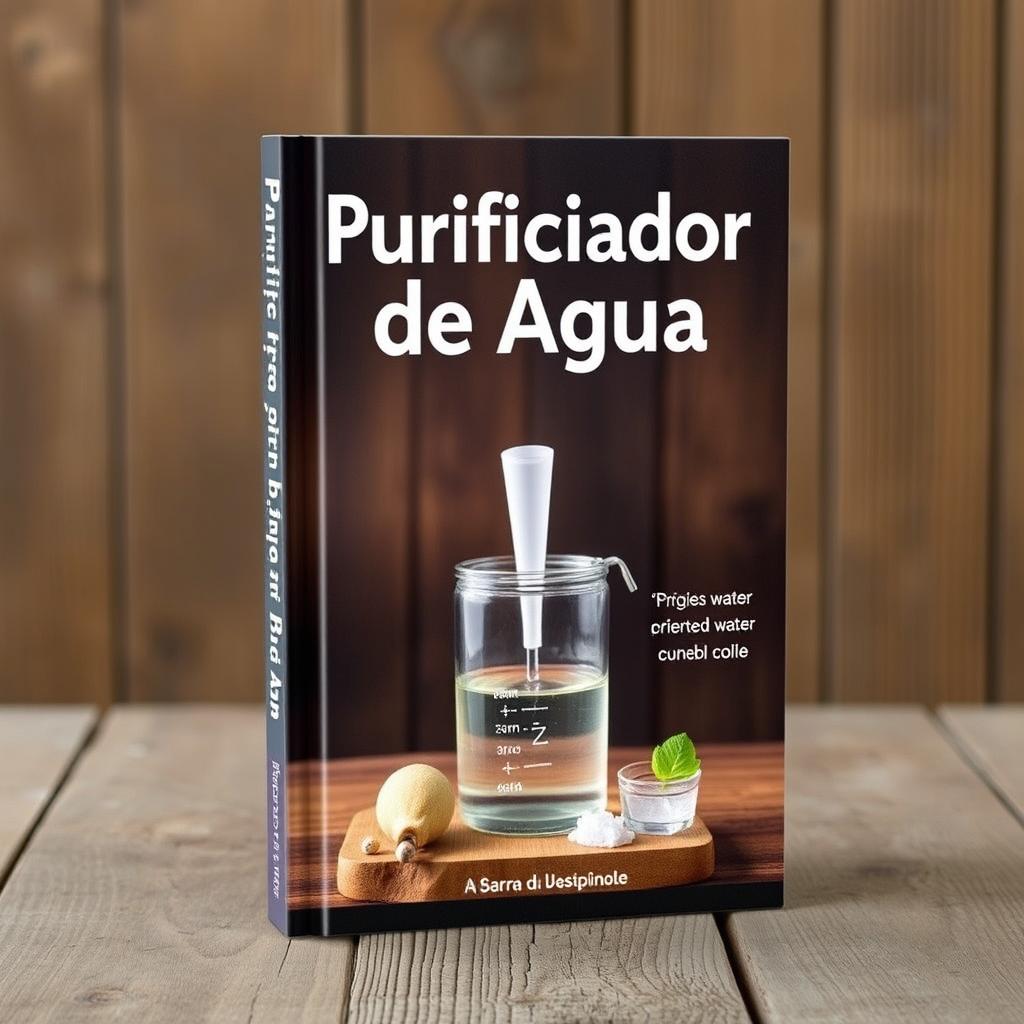 Create a book cover with the title 'Purificador de Agua' and an image of a homemade water purifier