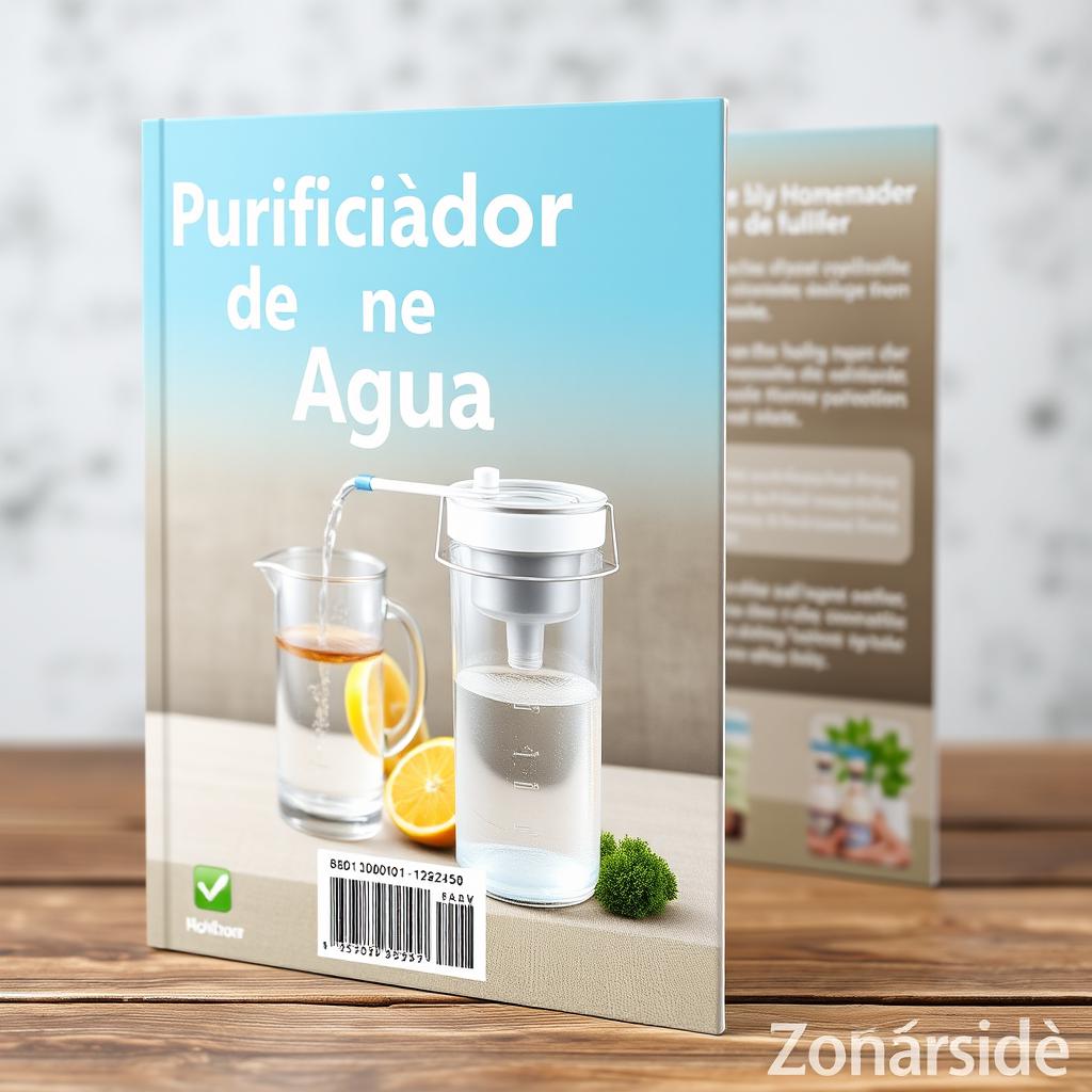 Create a book cover with the title 'Purificador de Agua' and an image of a homemade water purifier