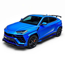 A custom bodykit designed for a Lamborghini Urus, featuring a striking blue color and forged carbon fiber components