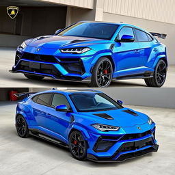 A custom bodykit designed for a Lamborghini Urus, featuring a striking blue color and forged carbon fiber components