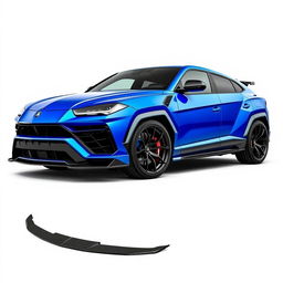 A custom bodykit designed for a Lamborghini Urus, featuring a striking blue color and forged carbon fiber components