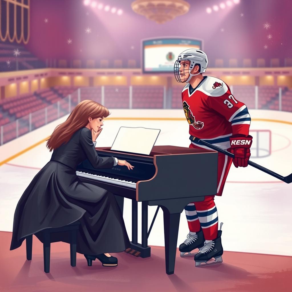 A romantic scene featuring a pianist and a hockey player who fall in love