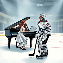 A romantic scene featuring a pianist and a hockey player who fall in love