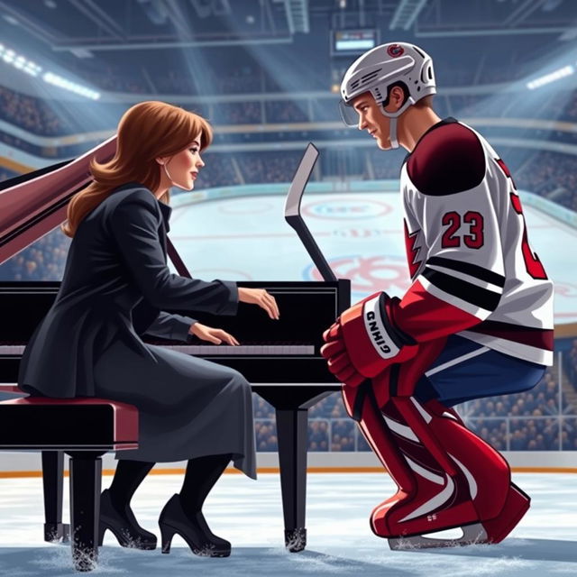 A romantic scene featuring a pianist and a hockey player who fall in love