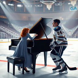 A romantic scene featuring a pianist and a hockey player who fall in love