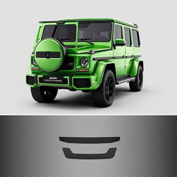 A custom bodykit designed for a Mercedes-Benz G-Wagon, featuring a vibrant green color with carbon fiber details