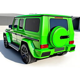 A custom bodykit designed for a Mercedes-Benz G-Wagon, featuring a vibrant green color with carbon fiber details