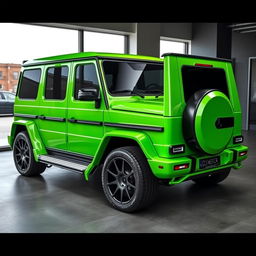 A custom bodykit designed for a Mercedes-Benz G-Wagon, featuring a vibrant green color with carbon fiber details