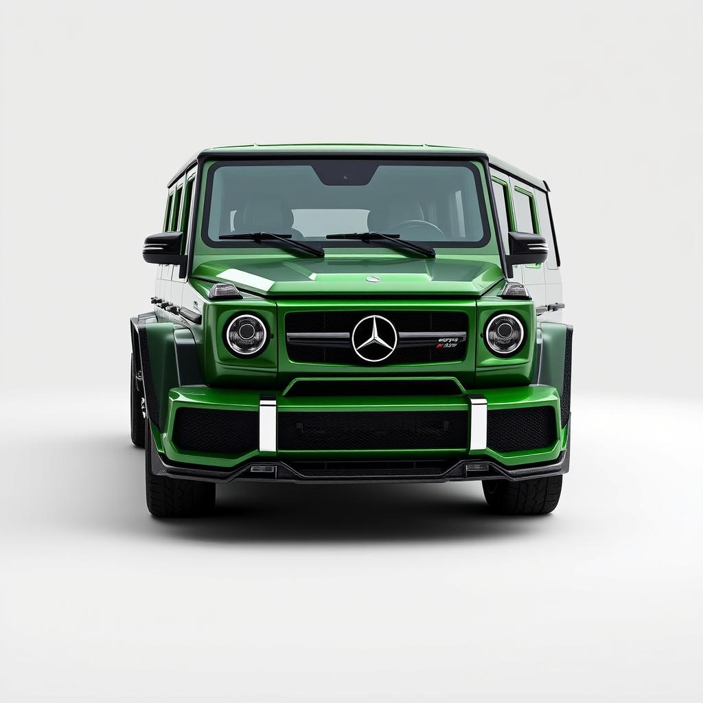 A custom bodykit designed for a Mercedes-Benz G-Wagon, featuring a vibrant green color with carbon fiber details