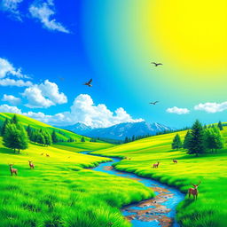 Create a vibrant and colorful image depicting a peaceful and serene landscape with a clear blue sky, lush green meadows, and a gentle stream flowing through the scene