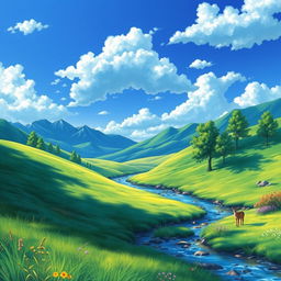 Create a vibrant and colorful image depicting a peaceful and serene landscape with a clear blue sky, lush green meadows, and a gentle stream flowing through the scene