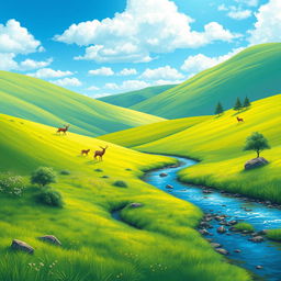 Create a vibrant and colorful image depicting a peaceful and serene landscape with a clear blue sky, lush green meadows, and a gentle stream flowing through the scene