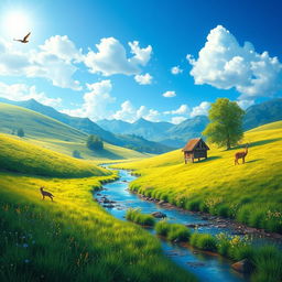 Create a vibrant and colorful image depicting a peaceful and serene landscape with a clear blue sky, lush green meadows, and a gentle stream flowing through the scene