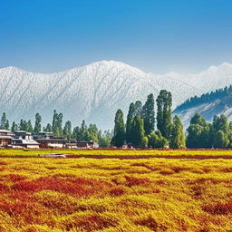 Beautiful Kashmiri scenery with vibrant saffron fields, snow-capped mountains, serene Dal Lake with shikaras, and traditional wooden houses, in an overall tranquil setting