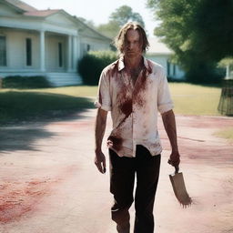 A white man walking along the side of the road in summer with a bloody machete in his hand