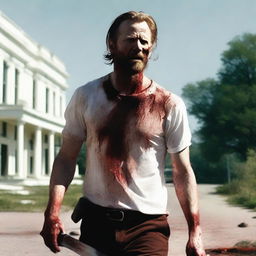 A white man walking along the side of the road in summer with a bloody machete in his hand