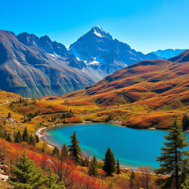 A beautiful landscape with mountains, a serene lake, and a clear blue sky